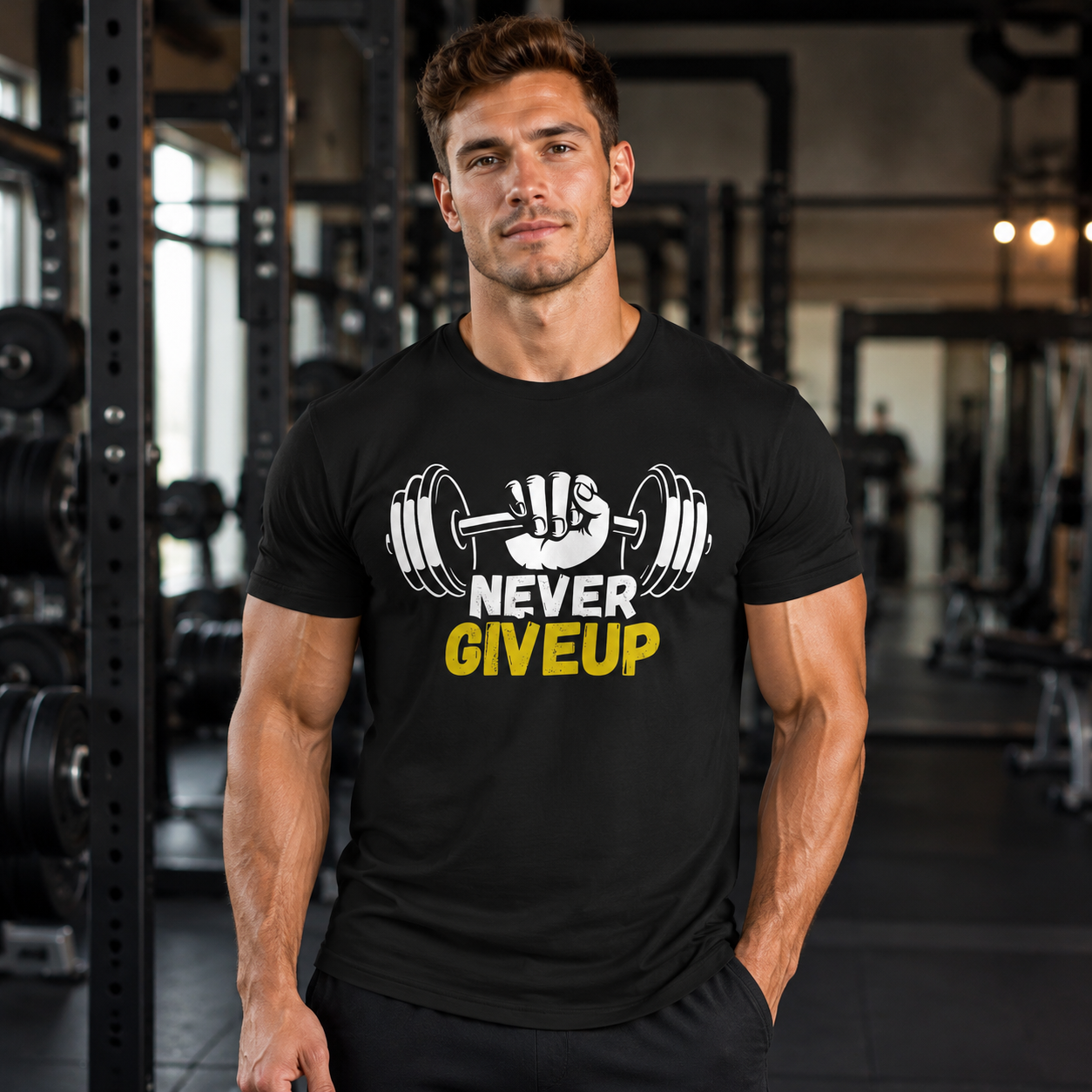 Never Give Up Gym T-Shirt for Men – Black Fitness Shirt | Zypix Prints Dubai